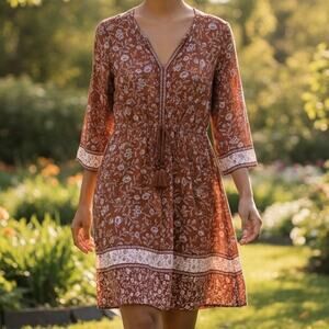 J Jill Women's Boho Revival Floral Dress Medium Petite Rust Orange